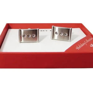 Geoffrey Beene Men's Brushed Rhodium Plated Cufflinks w/3 Clear Crystals - Picture 1 of 3