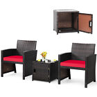 3 Pcs Patio Rattan Furniture Set Storage Table With Protect Cover & Red Cushion