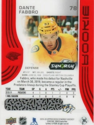 DANTE FABBRO RC 19-20 SYNERGY ROOKIE RED # 78 UD BOUNTY CODE UNSCRATCHED 2019-20 - Image 1 of 2