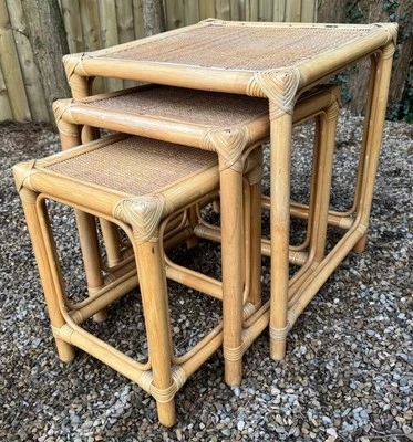 Vintage Nesting Tables Bamboo Cane Rattan Coffee End Side Tables Boho Tiki x 3 - Image 1 of 4