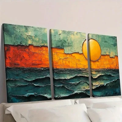 3pcs Abstract Sunset  Canvas   Vibrant Green Wall Art Canvas  Unframed/Framed - Image 1 of 4