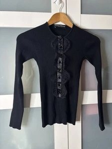 Dolce & Gabbana Black Ribbed Knit Top Lace Detail Size 36 IT XS Made in Italy - Picture 1 of 16