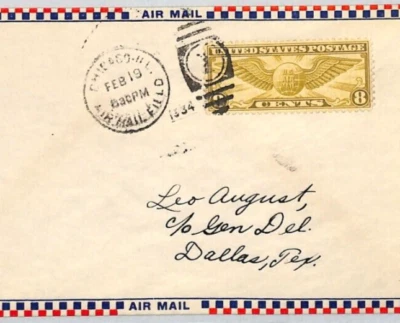 USA Air Mail 8c FLIGHT Cover Illinois Chicago Texas Dallas 1934 {samwells}XZ29 - Image 1 of 4