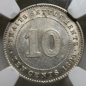 STRAITS SETTLEMENTS Malaysia 10 cents 1890 H NGC AU 58 UNC Britain Victoria - Picture 1 of 3