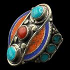 Beautiful Vintage Nepalese Multicolor Stones And Brass Unique Ring Wearable 