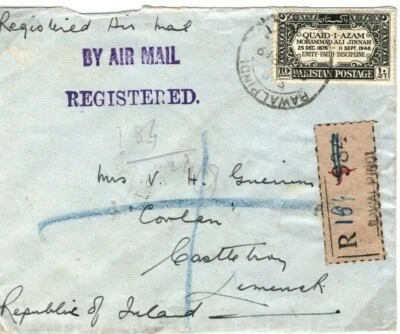 PAKISTAN Cover Rawalpindi Registered Air Mail Quaid-E-Azam Ireland 1949 SX4 - Image 1 of 4