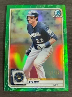 2020 Bowman Chrome Christian Yelich #76 Green Refractor serial /99 - Image 1 of 2