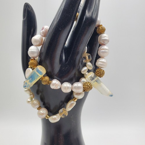 OFF WHITE 2 Braccialetto Perla Acqua Dolce Vetro Tono Oro Metallo Pietra Preziosa Off Gioielli Bianchi