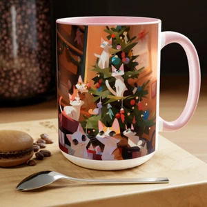 Tazas de café de dos tonos de 15 oz para gatos dibujos animados gatito celebrando la Navidad Navidad Navidad - Imagen 1 de 26
