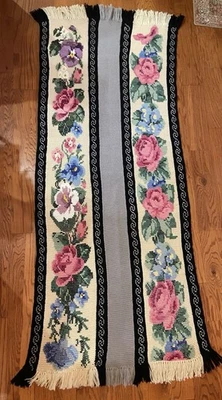 Manta vintage hecha a mano con flecos tejidos hilo flores rayas florales 85x36 Foto 1 de 4