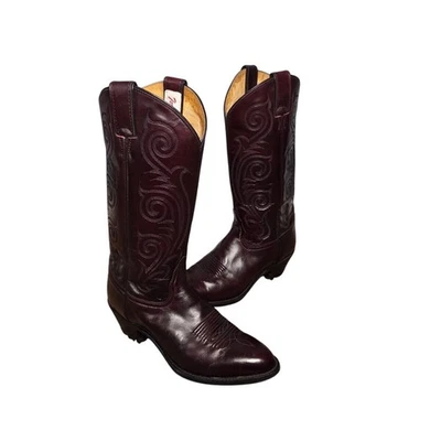 Tony Lama блестящие кожаные ковбойские сапоги круглый носок шов 1982 8 B - Изображение 1 из 4