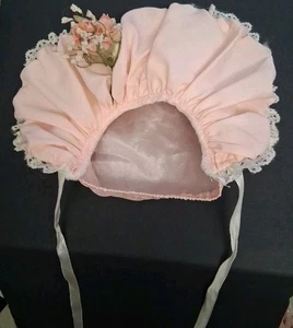 Vintage baby doll Pink  bonnet with Lace Flowers & Silky  - Picture 1 of 5