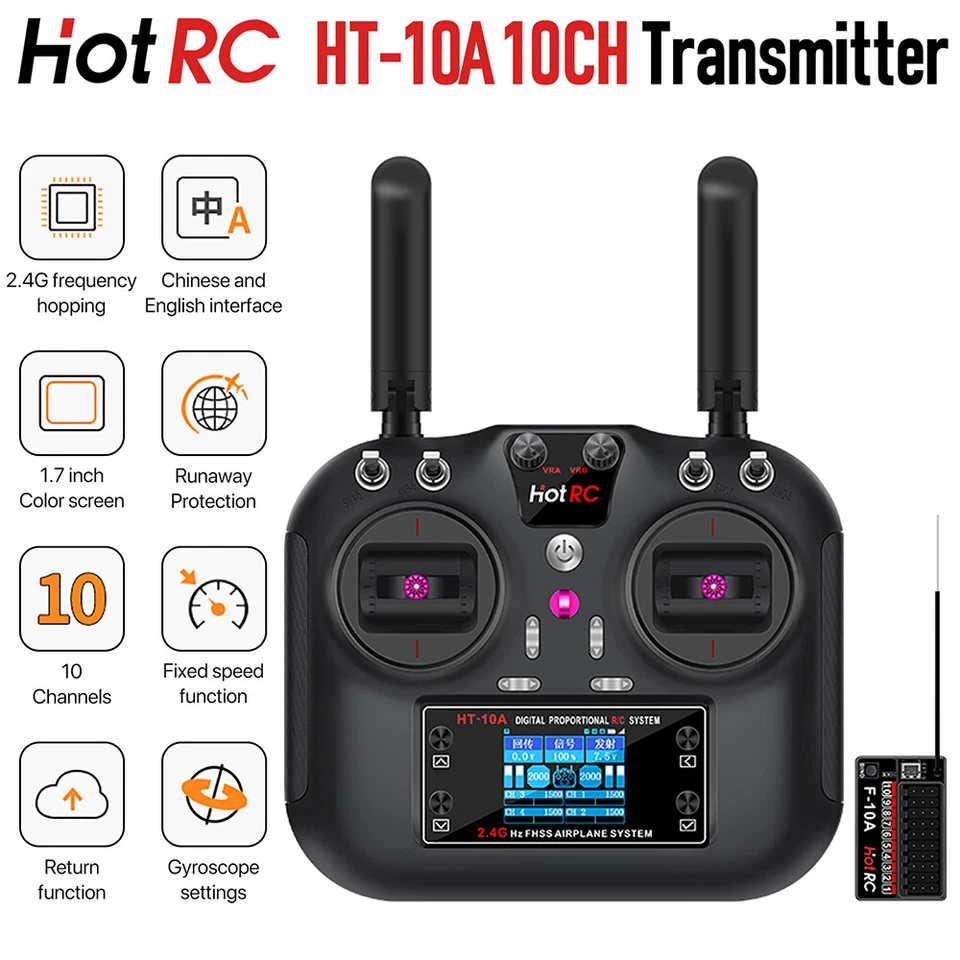 HotRC HT-10A 2,4 GHz 10CH 10A RC Sender PWM FHSS F-10A Empfänger Funksystem - Bild 1 von 4