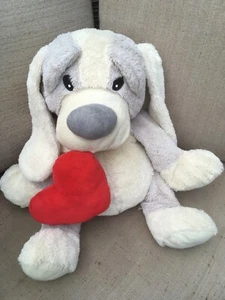 LARGE SOFT GREY & CREAM LONG EARED SOFT PUPPY DOG CUDDLY TOY WITH RED HEART 40cm - Picture 1 of 3