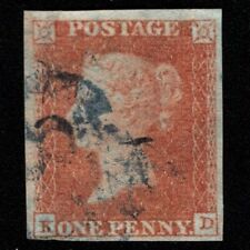SG8 (BS91) 1d Red Imperf Plate 124 - KD - 4 Margin - Blue Cancellation