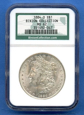 Dólar de plata Morgan 1884 O NGC MS62 $1 como nuevo en Estados Unidos 1884-O MS-62 colección Binion Foto 1 de 3