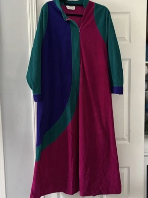 Vintage 70s Vanity Fair Large Bright Mod Color Block Velour Zip Robe House Coat - Image 1 of 4