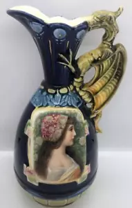 ANTICA brocca maiolica blu cobalto Ritratto Austriaco Manico Drago Ewer 1900 - Foto 1 di 1