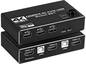 HDMI KVM Switch, 4K@60Hz USB Switch 2x1 HDMI2.0 Ports + 3X USB KVM Ports, Share - Picture 1 of 7