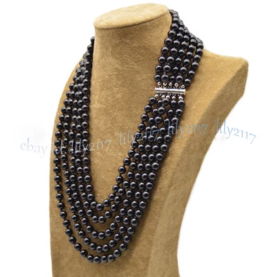 5 行天然黑色玛瑙玛瑙圆形宝石珠项链 20-24 英寸 6 毫米 8 毫米 — 第 1/4 张图片