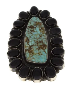 8 - #8 Turquoise Statement Ring With Black Onyx Surround By Anthony Skeets - Picture 1 of 4
