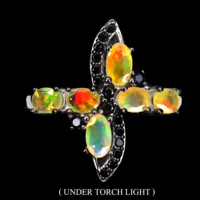 925 Sterlingsilber Ring Oval Feuer Opal 5x3mm Schwarz Spinell Edelstein Grösse 7 - Bild 1 von 4