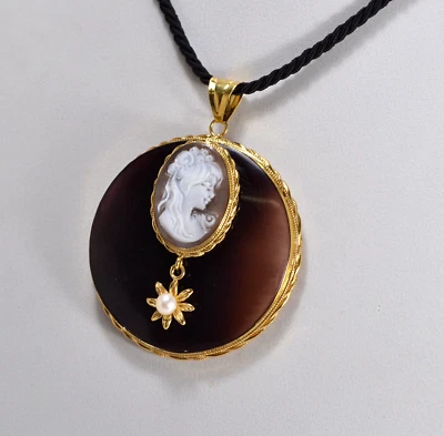 CIONDOLO  ARGENTO 925 DORATO CAMMEI SARDONICO PEN SCHELL + LACCIO      AGDV 0228 - Immagine 1 di 4