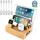 Bamboo Desktop Organizer, Charging Station for Multiple Devices + 5 Gift Cables
