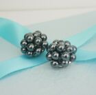 VINTAGE slate grey pearlised bead cluster clip-on earrings, blackberry