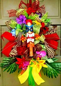 Large Summer Tiki Front Door Wreath Tropical Floral Pool Bar Deco Mesh Handmade  - Picture 1 of 6