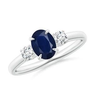 Three Stone Oval 1 Ctw Blue Sapphire 925 Sterling Silver Women Promise Ring - Picture 1 of 7