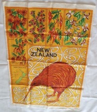 Vintage Pure Linen Hand Printed New Zealand Tea Dish Towel 31"x20.5" Kiwi Bird