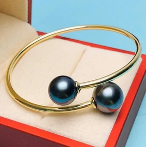 Gorgeous AAAAA Huge 11-10mm Round South Sea Black pearl bracelet 14k Gold P - Picture 1 of 5