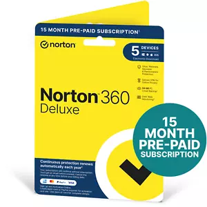 Norton 360 Deluxe Antivirus 2024 VPN 5 Devices 15 MONTHS Delivery by POST - Picture 1 of 3