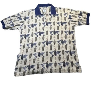 Vintage Natural Issue Mens Polo Sz M Nautical AOP Sailing Boating Anchor 90s - Picture 1 of 11