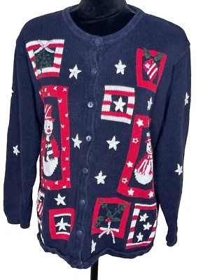 Vintage The Quacker Factory Snowman Christmas Cardigan sweater Size L Navy Blue - Image 1 of 4