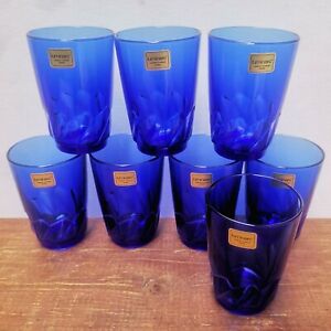 VINTAGE BLUE DRINKING GLASSES COBALT LUMINARC SET 8 TUMBLERS FRANCE SMALL TWIST