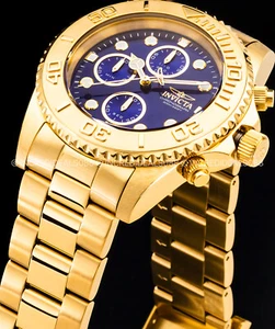 Invicta Mens PRO DIVER Chronograph Blue Dial 18K Gold Bracelet 44mm SS Watch - Picture 1 of 10