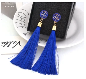 Dark Blue Long Tassel Gold Floral Rhinestone Dangle Earrings Prom Party Elegant - Picture 1 of 3