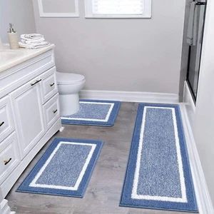 3Pcs Bathroom Bath Mat Rug Set with U-Shaped Toilet,Non-Slip Soft,Blue - Picture 1 of 7