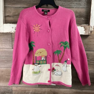 CRYSTAL KOBE Vintage Pink Holiday Tropical Snowman Ugly Christmas Sweater XL - Picture 1 of 10