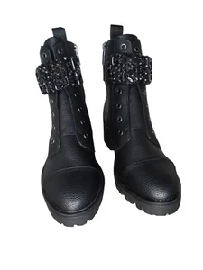 Karl Lagerfeld PAYSON/E22 Combat Boots Black Embellished Jewels Womens Sz 7 - Picture 1 of 12