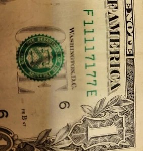 FEDERAL RESERVE NOTE UNIQUE NUMBERS ( 1 ) DOLLAR BILL 2017 GEORGIA F11117177E - Picture 1 of 2