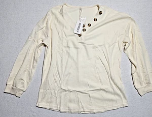 AUSELILY Beige Long Sleeve Waffle Knit V Neck Tunic Top Women's XL - Picture 1 of 4