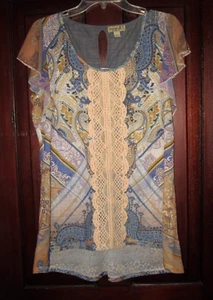 One World M Top Blouse Shirt Paisley Print Lace Denim Contrast Lagenlook SS Mesh - Picture 1 of 3
