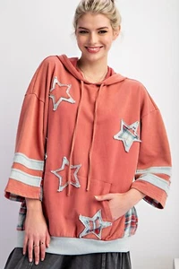 EASEL CLOTHING STAR PATCH MINERAL WASHED HOODIE PULLOVER-VINTAGE CRIMSON-SMALL - Picture 1 of 5