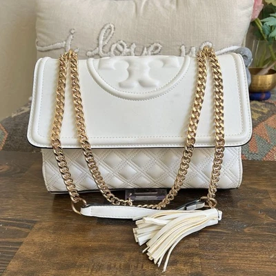 Bolso Bandolera/Hombro Convertible Tory Burch Fleming Cuero Blanco Cadena con Solapa Foto 1 de 4