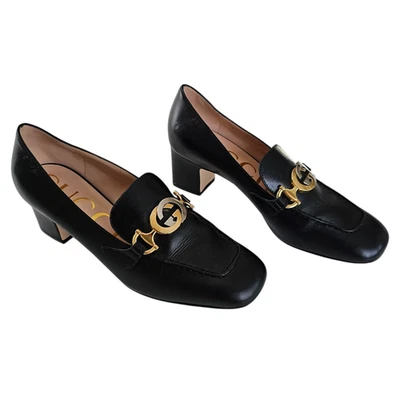 Zapatos de salón mocasines Gucci GG Zumi de cuero negro 37,5 EE. UU. 7,5 dorado plateado tacón bajo bloque  Foto 1 de 4