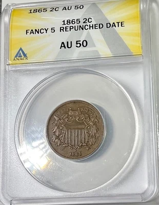 1865 USA TWO CENTS Fancy 5 repunched date ANACS graded AU 50 nice coin - Image 1 of 2