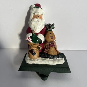 Vintage Christmas Stocking Holder Santa with Bag & Roudlolph Reindeer Folk Art - Picture 1 of 4